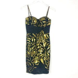 NWOT Aidan Mattox Silk Mini Dress Women's Size 0 Black Gold Metallic Jacquard